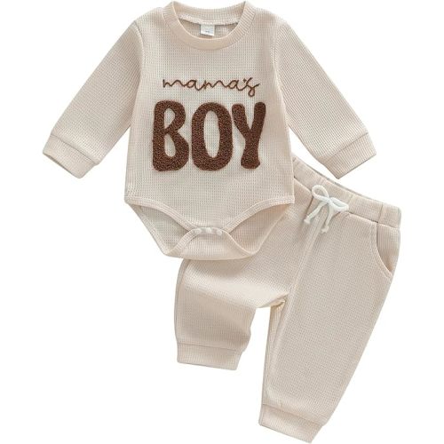 MERSARIPHY Newborn Baby Boy Fall Winter Clothes Mama's Boy Little Dude Outfit Embroidery Waffle Knit Romper Pants Sets