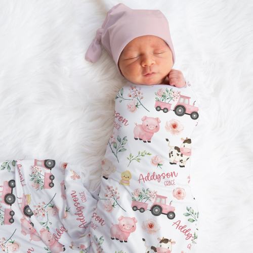 Floral Farm Animals Swaddle, Custom Baby Girl Name Blanket, Pink Tractor Name Swaddle, Pig, Cow Swaddle, Newborn Gift, Farm Baby Shower Gift
