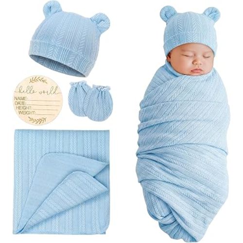 DRESHOW BQUBO Newborn Receiving Blankets for Baby Girl Boy Swaddle with Bear Hat No Scratch Mittens Announcement Card Set for 0-3 Months