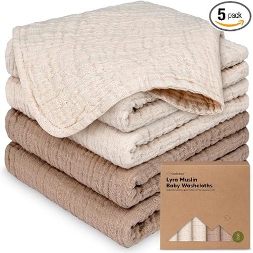 5pk Muslin Baby Washcloths for Newborn, 12x12 Soft Absorbent (Ecru) | Organic Cotton Muslin Wash Cloths for Babies Girl, Boy, Infant, Toddlers, Kids Face Towel,Bath Essentials,Baby Burp Rags