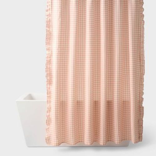 Gingham Ruffle Dorm Shower Curtain Pink/Ivory - Room Essentials™