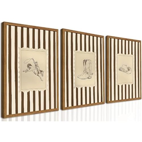 Framed Western Wall Art Set of 3, Vintage Cowboy Boots Hat Pictures Wall Decor, Rustic Brown Striped Paintings Canvas Prints Southwestern Farmhouse Home Decor for Living Room Bedroom Office 12x16 inch