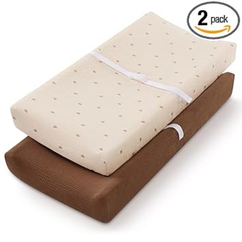 Muslin Changing Pad Cover for Girls Boys, Ultra Soft Breathable Cotton, Baby Diaper Change Table Pad Covers, 2Pack (Sunshine&Brown)