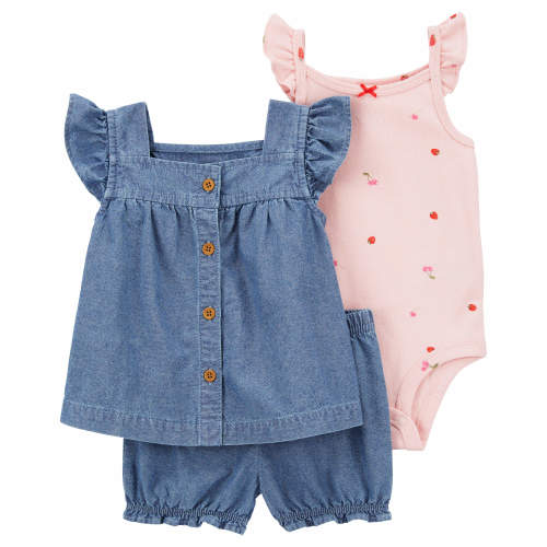 Baby 3-Piece Cherry Chambray Little Short Set - Style,Chambray/Pink
