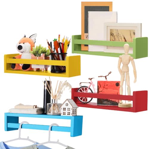 Set of 4 Nursery Book Shelves Floating Bookshelves Nursery Shelves for Wall Book Shelf Organizer Bathroom Storage Rack for Wall Decor(16 in,Rainbow)