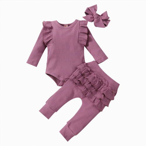 0-3 Months Preemie Baby Girls Three Piece Ribbed Ruffle Long Sleeve Bodysuit And Pants Set With Bow Boys And Girls Baby Romper Pajamas Crawling Clothes