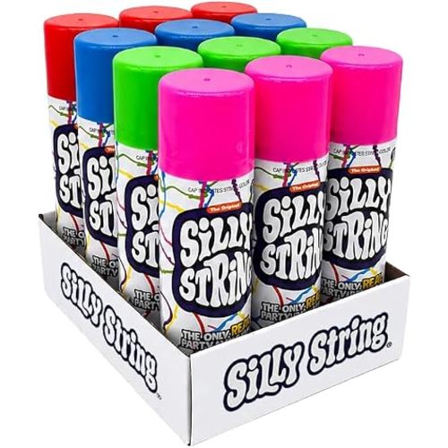 The Original Silly String! Silly String Party Pack, 12 pack, Assorted Colors, 3oz Large Can The Only REAL Party in a Can! Be Silly! Shoots over 15ft!