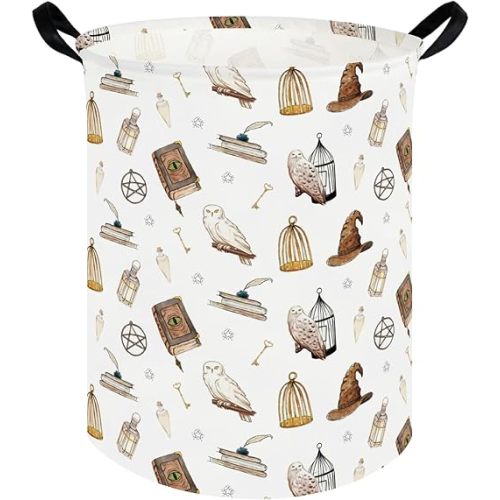 Magic Owl hamper,Nursery hamper,Magic Dirty Clothes Basket,Feather key owl hat book foldable waterproof laundry basket,baby gift basket(Cute owls)