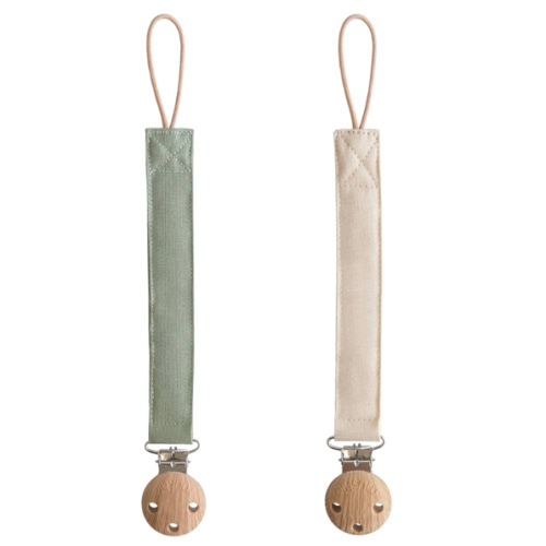 mushie Linen Baby Pacifier Clip Holder | Soft Fabric Strap, 2-Pack (Olive/Shifting Sand)