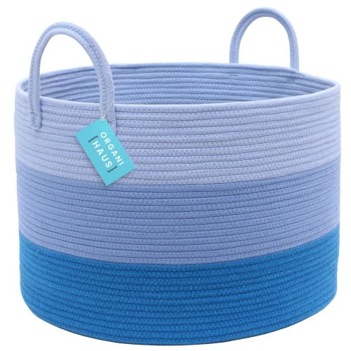 OrganiHaus Cotton Rope Laundry Basket Boho, Nursery Hamper Blue Storage 20x13 In, 3-Toned Blue