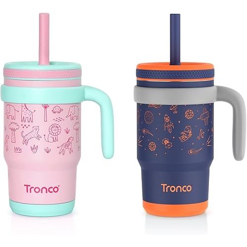 Tronco 14 oz Kids Insulated Tumbler with Handle & Spill Resistant Flexible Straw, BPA-Free Stainless Steel Toddler Cups with Lids, Splash-Proof Kid Drinking Cup Travel Mugs, Hand Wash Only
