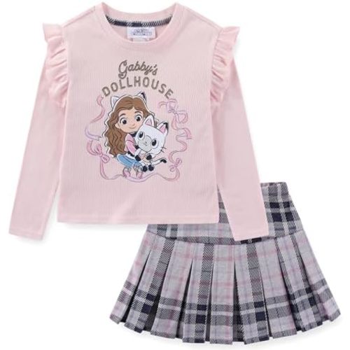 DREAMWORKS GABBY'S DOLLHOUSE Girls Long Sleeve Shirt and Pleated Plaid Skirt Set for Toddler to Big Kids