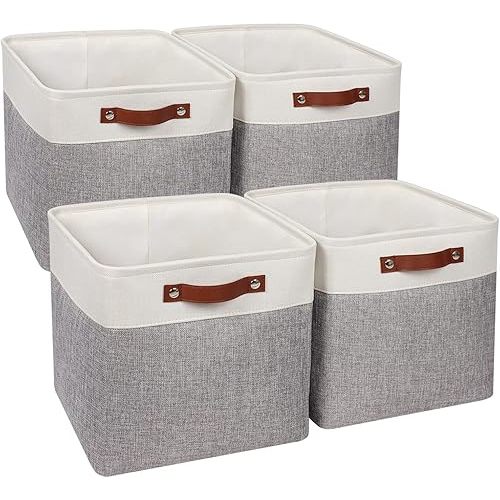Univivi 13x13x13 Cube Storage Bins with Hard Bottom,4 Pack Storage Baskets with PU Handles Foldable Fabric Storage Bins for Clothes Organizing,Shelf,Gray