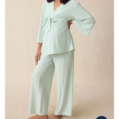 LAKE | Women | DreamModal® Pajamas | Parisian Green Pencil Stripe Maternity Kimono Bundle