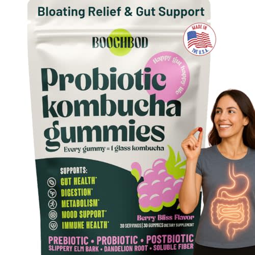 BoochBod - Probiotic Kombucha Gummy - Prebiotics, Probiotics, Postbiotics, Fiber Supplement, Slippery Elm, Dandelion Root, MCT Oil, for Bloating, Gut Health - Probiotics for Women and Men