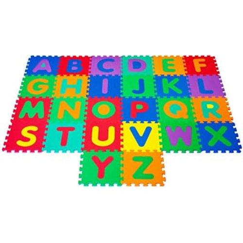 Interlocking Foam Tile Play Mat with Letters - Non-Toxic Children's Multicolor 26-Piece Puzzle Tiles for Playrooms, Classrooms, and More by Hey Play