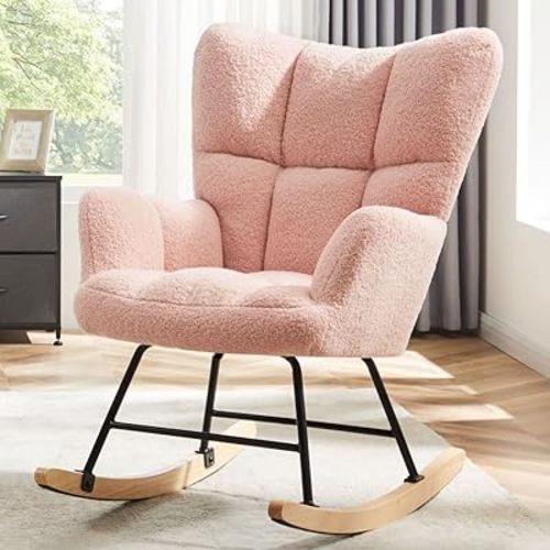Nursery Rocking Chair, Boho Accent Ottoman, Teddy Upholstered Glider Rocker Accent Chair with High Backrest for Living Room, Small Spaces, Bedroom, Pink