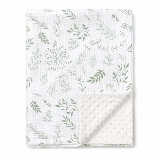 GLLQUEN BABY Muslin Baby Blankets for Boys & Girls, 2-Layer Toddler Blanket | Cotton Top with Dotted Fleece Back, Soft Receiving Blanket for Nursery Stroller Crib, 30''x40'', Green Leaves