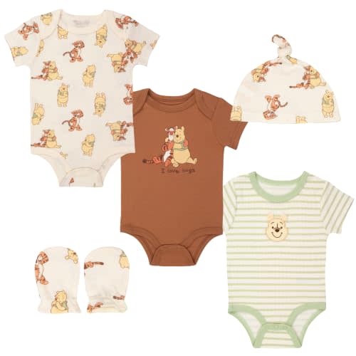 Magic Threadz Disney Clothes Boys Winnie the Pooh 3-Pack Bodysuit Set with Hat & Mittens – Soft Cotton Baby Outfit Set (0–9M)