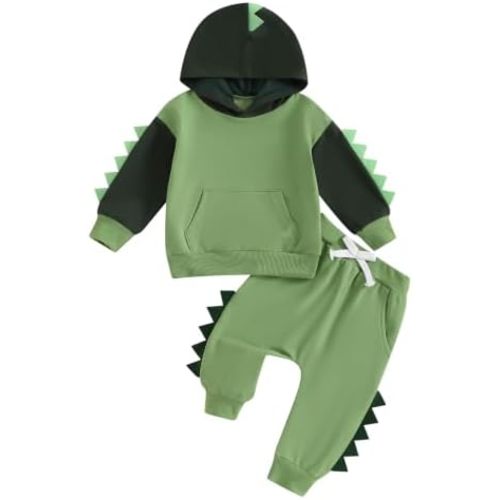 2Pcs Baby Boys Hoodie Tops Pants Set Dinosaur Deer Print Sweatsuit Fall Winter Outfits