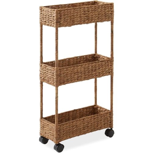 Casafield 3-Tier Slim Rolling Storage Cart - Cinnamon, Water Hyacinth Utility Cart for Bathroom, Craft Room, Nursery, Laundry Room Organization