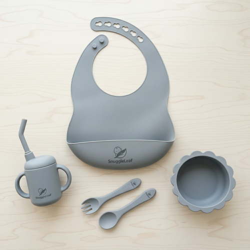 SnuggleLeaf Silicone Baby Feeding Set - BPA Free, Waterproof Silicone Infant Bib, Complete Kid's Mealtime Kit with Suction Bowl, 5 Piece