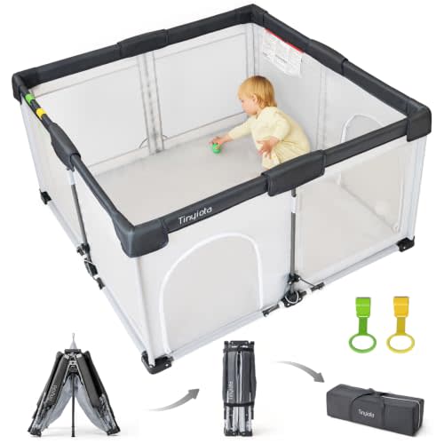 Tinyiota Foldable Baby Playpen, 50x50 Inch Portable Play Yard for Babies and Toddlers with Soft Breathable Mesh, Storage Bag & 2 Pull-Toy Handles for Indoor & Outdoor (Grey, 50x50)