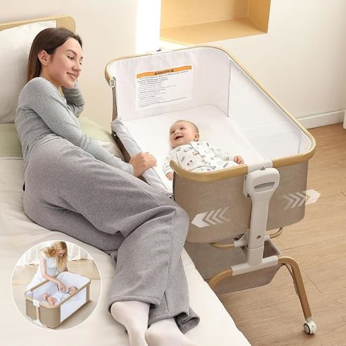 Baby Bassinet, Rocking Bedside Sleeper, Detachable & Portable Bassinet with 8-Level Height, Breathable Mesh, Storage Basket & Rotating Mobile Toy for Newborns Infant(Khaki)