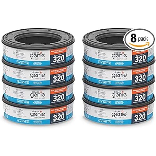 Diaper Genie Essentials Round Refill 8-Pack | Holds Up to 2560 Newborn Diapers | Features Unscented Continuous Film | Compatible with Diaper Genie Complete and Expressions Pails,8 Count (Pack of 1)
