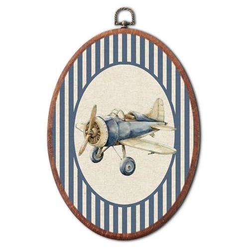 VALTRIXA Vintage Airplane Nursery Oval Wall Art, Retro Aviation Decor Wall Art Hanging Decor, Blue Striped Canvas Prints Framed, for Bedroom Playroom Decoration, 8.6x11.4 Inch