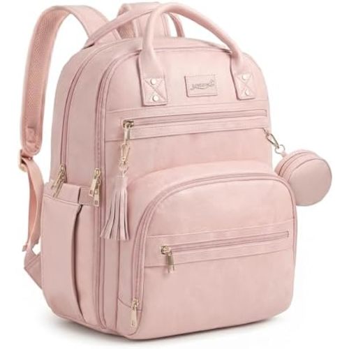 Premium Vegan Leather Diaper Bag Backpack with Waterproof Changing Pad, Reinforced Zippers & Odor-Free, 20 Pockets Pro Organizer, Fits 15.6" Laptop, Stroller Straps, Baby Bag for Mom, Pink