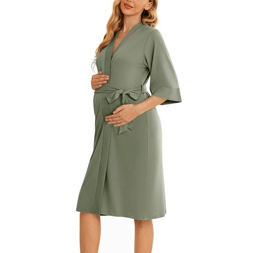 Ekouaer Womens Maternity Nursing Robe for Hospital V Neck Pregnancy Bathrobes 3/4 Sleeve Labor Delivery Nightgowns