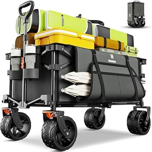 Navatiee Big Wheels Collapsible Wagon Cart Foldable, Heavy Duty Beach Wagon with Silent All-Terrain Wheels, Folding Utility Grocery Cart with Side Pocket and Brakes for Camping Garden Sports, Gray