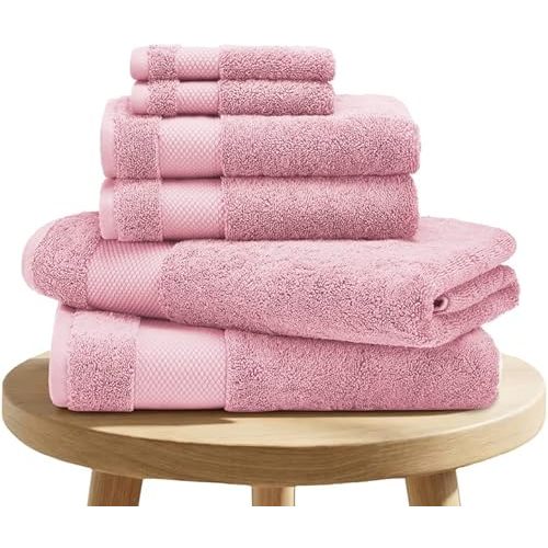 BIOWEAVES 100% Organic Cotton Bath Towel Set | 700 GSM Plush 6-Piece Premium Towel Set GOTS Certified, 2 Bath Towels, 2 Hand Towels & 2 Washcloths - Dusty Pink