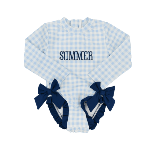 Navy and Gingham Girls Longsleeve Swimsuit