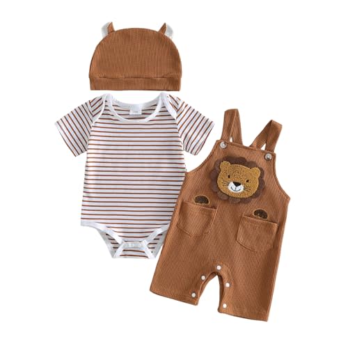 Newborn Baby Boy Fall Winter Clothes Striped Long Sleeve Romper Overall Pants Hat 3Pcs Set Cute Coming Home Outfit