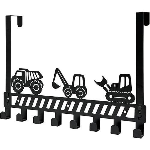 Construction Vehicle Over The Door Hooks - 8 Hook Organizer for Toddler Boys' Rooms, Bathroom & Nursery Decor, Toddler Bedroom & Nursery with Truck Design, Wall Mountable Heavy-Duty Metal Wall Hooks