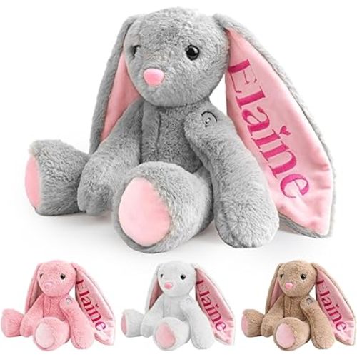 Custom Plush Bunny with Name, Embroidered Bunny Stuffed Animal, Personalised Baby Toys Plush, 1 Year Old Girl Gifts, Birthday Easter for Girls Toddlers Newborn 1-12