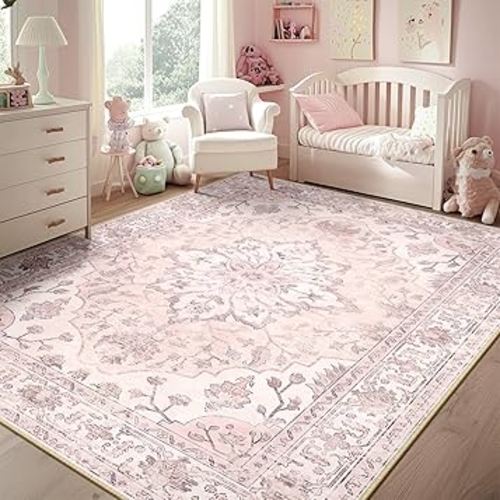 Area Rugs 5'x7' Washable Non-Slip, Floral Vintage Distress Print Pattern Medallion Carpet for Living Room Bedroom Dining Room, Pink Greypink Cute