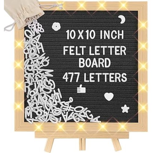 10 x 10 in Felt Letter Board with LED Lights,Changeable Message Board with Wooden Frame and Wall Mount Hook,Letter Board with 477 Letters for Pregnancy Announcement / Baby / Celebration / Home Decor(Dark Gray)