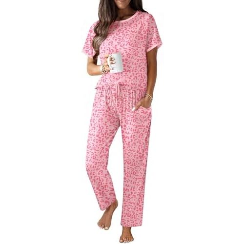 Ekouaer 100% Cotton Pajama for Women Short Sleeve Pj Top With Long Pants 2 Piece Lounge Set with Pocket