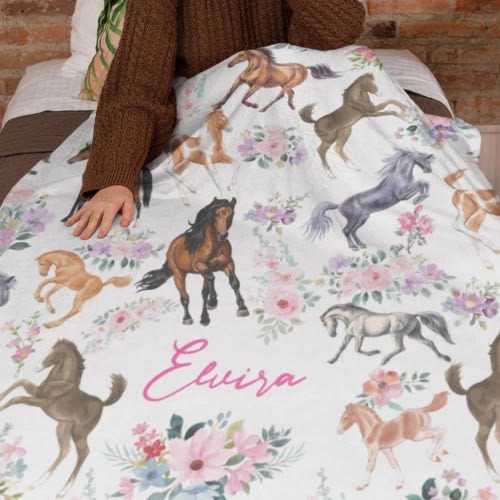 Custom Floral Horse Blanket with Name, Personalized Soft Flannel Fleece Bed Couch Throw, Gift for Horse Lovers, Kids, Birthday, Baby Shower