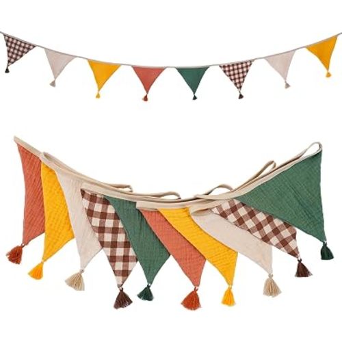 G2PLUS Fabric Bunting Banner, 8.5ft Double-Sided Cotton Pennant Garland, Boho Triangle Flags for Baby Shower, Birthday, Nursery, Fall Party Decor, Autumn Harvest