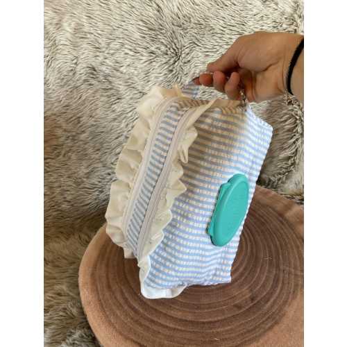 Customized Baby Blue and White Stripe Diaper + Wipe Pouch w/ White Ruffles, Baby Shower Gift, Car and Stroller Diaper Bag