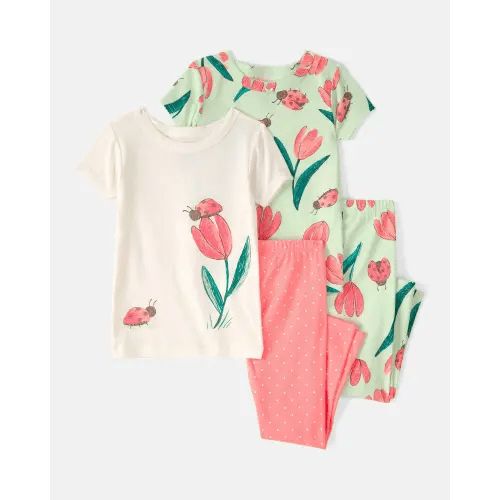 Baby Girl Ladybug Floral 100% Cotton Snug Fit 4-Piece Pajama Set - Pink/Green | Carter's