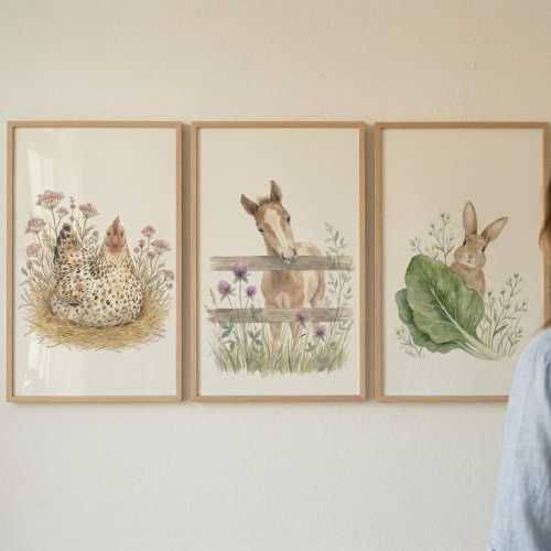 Watercolor Baby Farm Animal Wall Art Set of 3, Nursery Decor, Horse Chicken Rabbit Print, Rustic Farmhouse Decor, Cottagecore Nursery Art