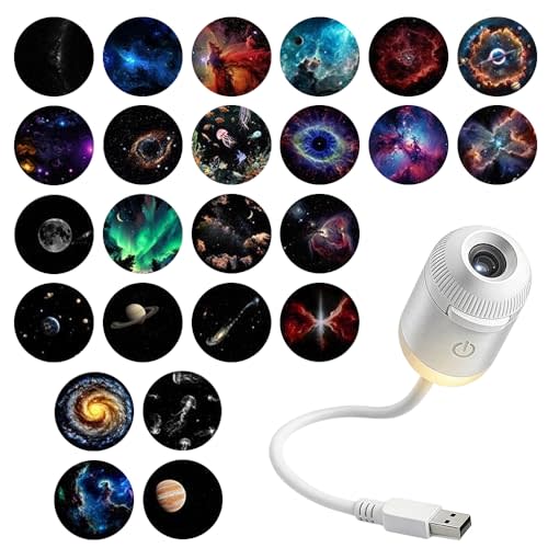 2-in-1 Galaxy Projector Night Light, USB Starry Sky Night Light Projector with Adjustable Brightness, Mini LED Projection Lamp for Bedroom Ceiling Wall Room Decor (24 Projection Films)