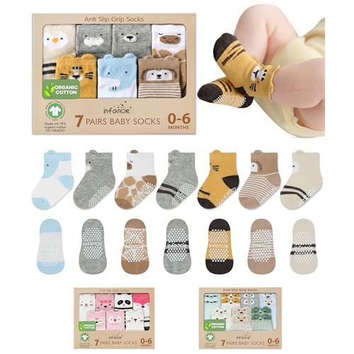 Organic Cotton GOTS Certified Non-Slip Baby Socks 0-6 Months - 7 Pairs Soft Breathable Newborn Socks Animal Design For Infant