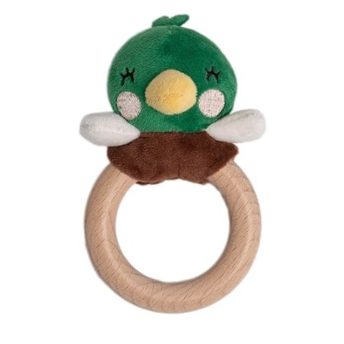 Pearhead Mallard Duck Wooden Teething Ring, Easter Basket Stuffers, Soft Plush Lovey Baby Teether, Natural Wood Infant Rattle Toy for Teething Relief, BPA-Free Newborn Teether Ages 0m+