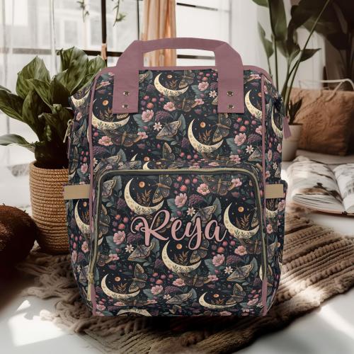 Goth Luna Moth Diaper Backpack, Celestial Witchy Baby Shower Gift for Boho Moms, Insulated Bottle Cooler, New Parents Travel Bag